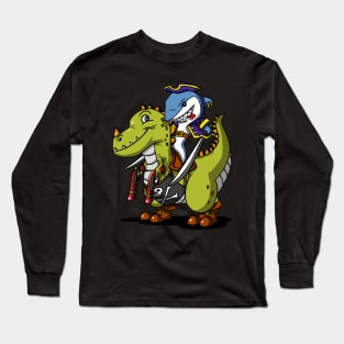 Shark Pirate Riding T-Rex Dinosaur Long Sleeve T-Shirt